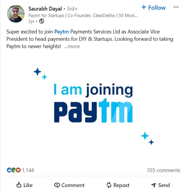 Saurabh Dayal joing Paytm